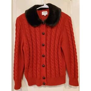 Susan Bristol 100% Wool Shetland Leather Buttons Sweater Faux Fur‎ Collar M Xmas